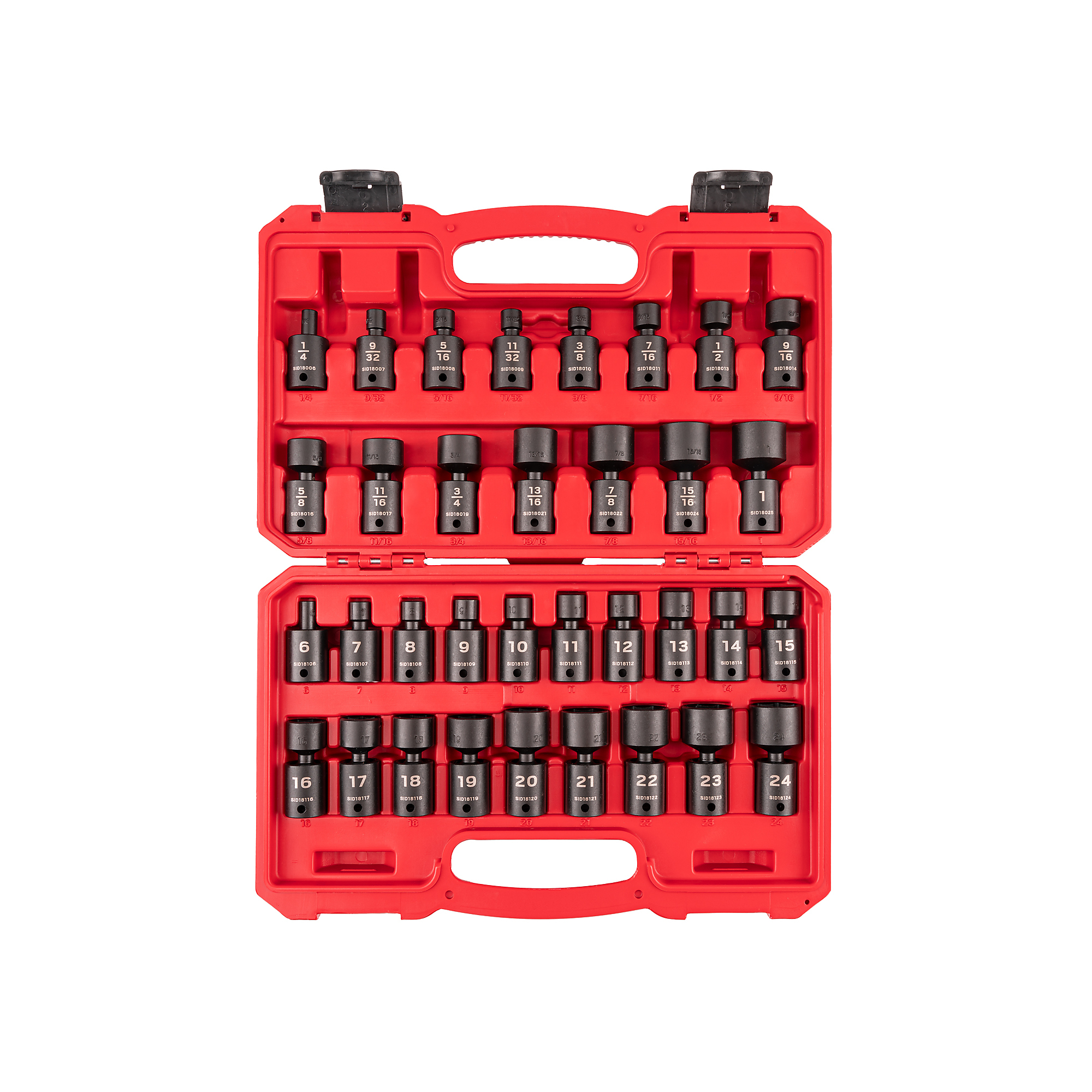 TEKTON 3/8 Inch Drive Shallow 6-Point Universal Joint Impact Socket Set with Case, 34-Piece (1/4 - 1 in., 6 - 24 mm) | SID97303